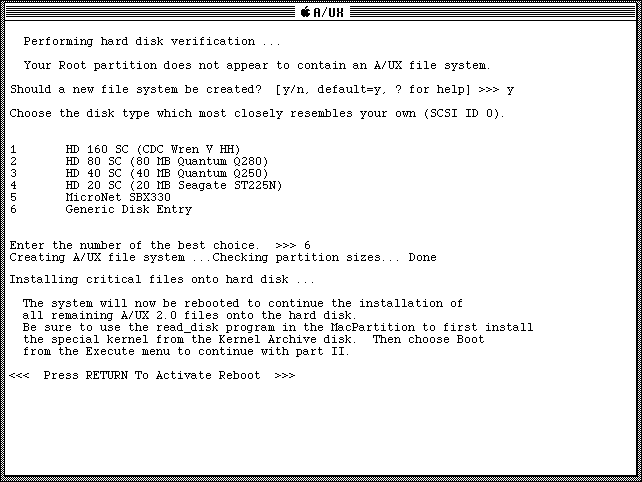 A/UX 2.0 Installation Stage 1